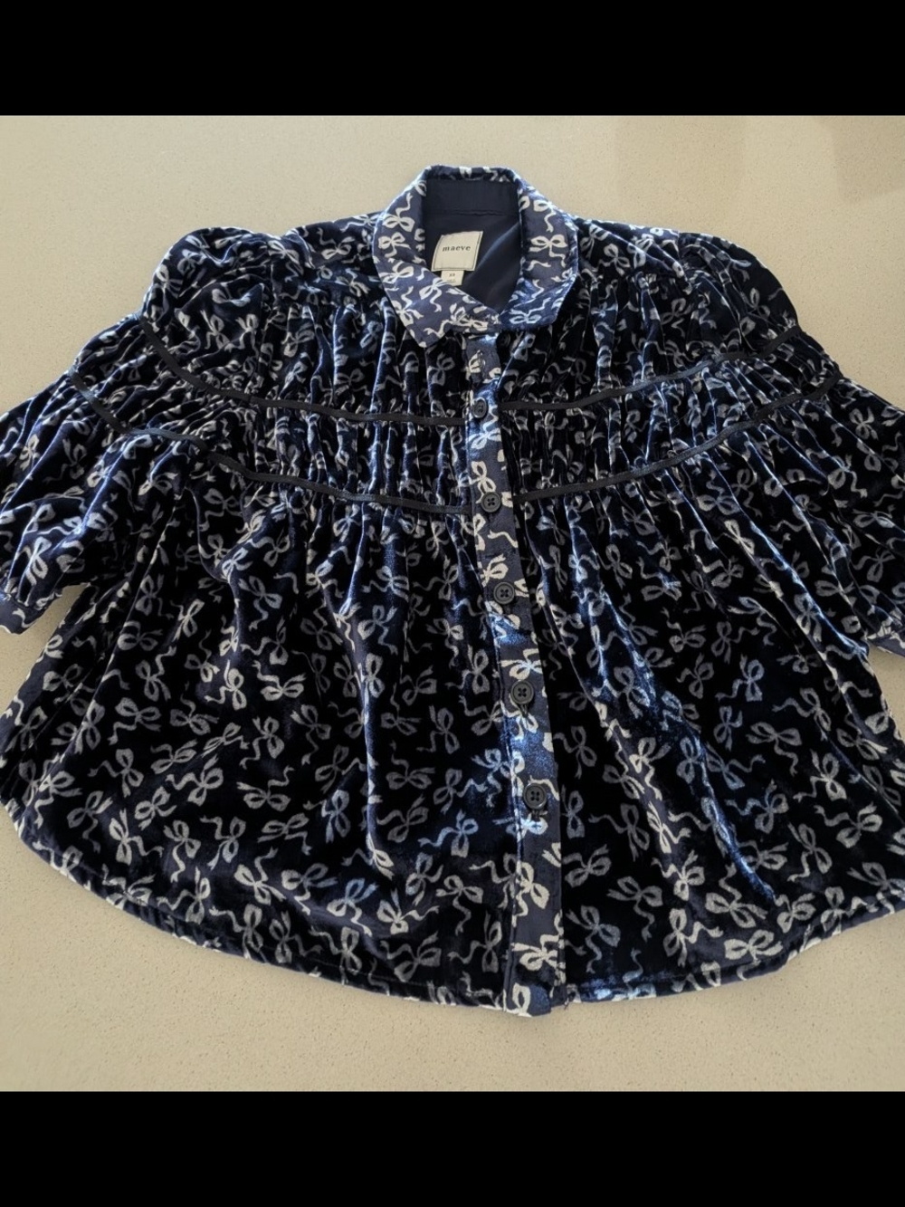 Maeve Navy and White Velvet Bow-Print Blouse